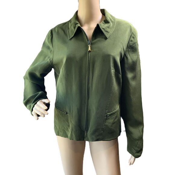 Shomi by Miller Shor Green Silk Zip-Front Long Sleeve Casual Womens Jacket 12 - Picture 1 of 15